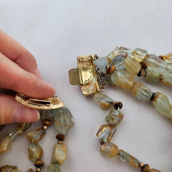 CINER Semiprecious 5 Strand Natural Aquamarine Stone, Tiger Eye Statement Choker - Picture 8 of 12